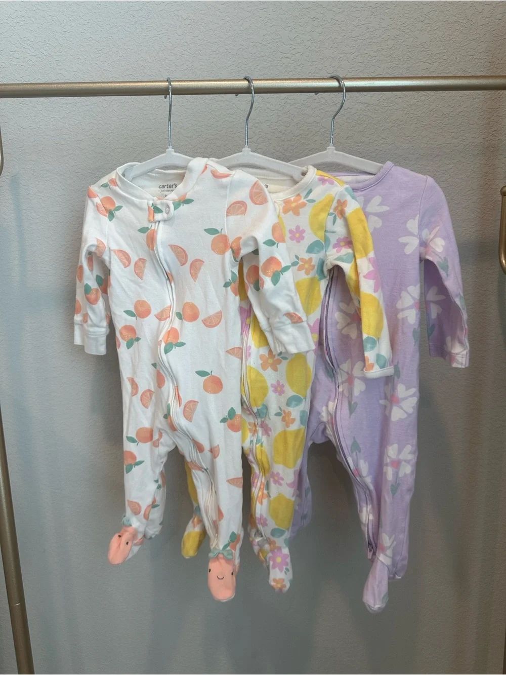 Carter's Girls Fruit Print Footed One-Piece Sleepers - Peach, Lemon & Lavender